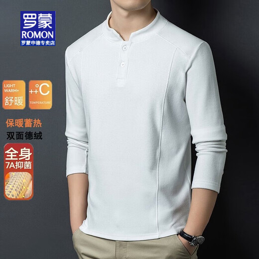 ROMON brand autumn and winter double-sided German velvet bottoming shirt men's Henry collar trendy versatile long-sleeved T-shirt stand-up collar sweatshirt for men white L
