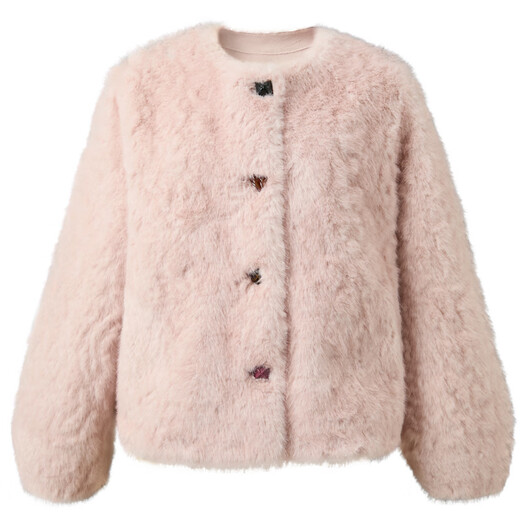 Sancai 2025 winter new eco-friendly fur coat loose short round neck long sleeves warm pink M cinnamon powder M 160/84A