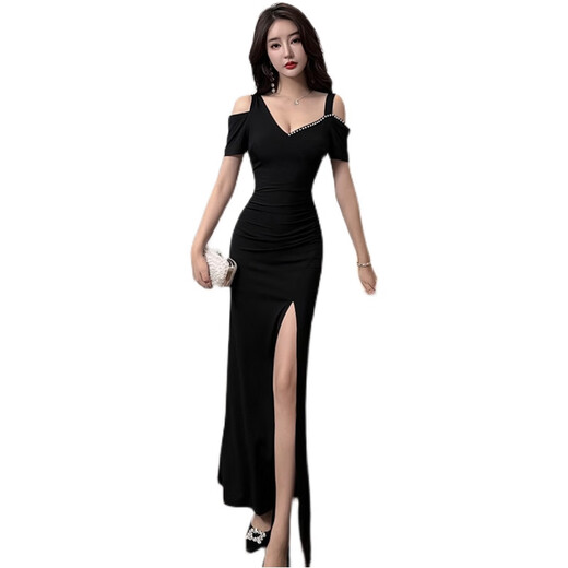 
Kunlinyi Nightclub Beautiful evening dress Sexy temperament Off-shoulder slim dress Foot bath technician work clothes Sauna long skirt 3883 Black S
