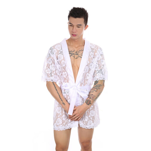 Lace floral bathrobe for men, sexy transparent mid-length pajamas, lace-up bath skirt, home wear nightgown, 1 piece black + 1 piece white, 2 pairs of thongs 170-175()