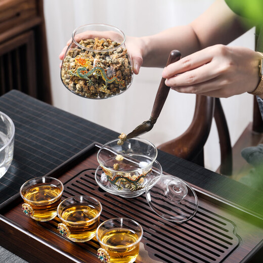 Ai Yingjia Light Luxury Glazed Tea Set High-end Gold-Inlaid Jade Porcelain Kung Fu Tea Ceremony Complete Set Glass Tea Bowl Tea Cup Set 8-head Xianglong Ancient Rhyme Pot Set-Silver