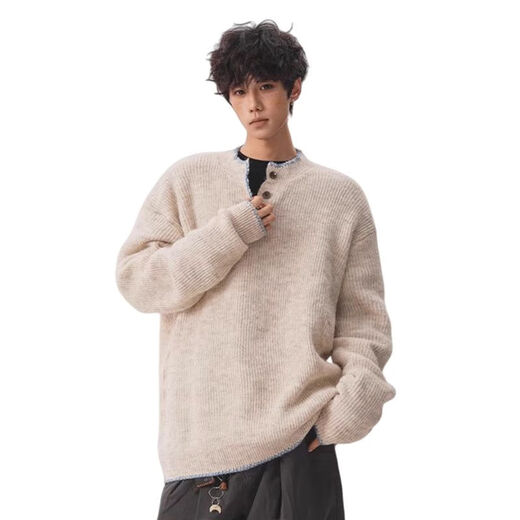 SWAMP AREA American Henry collar sweater for men in autumn and winter new style lazy high-end sweater top jacket light apricot trendy best-selling model M 160-170CM 95-110Jin Jin equals 0.5 kg