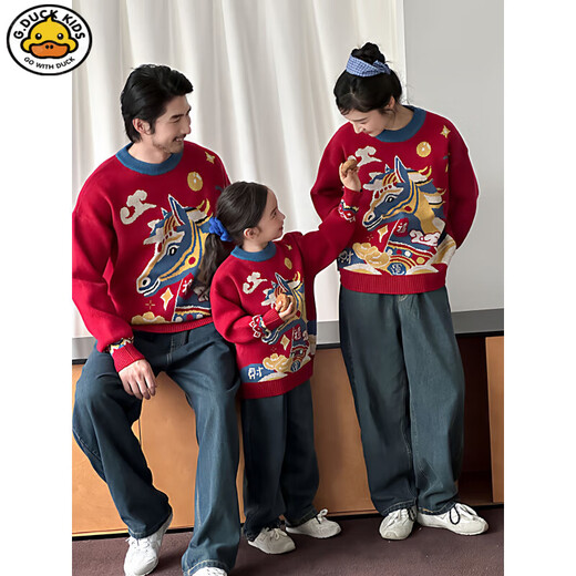 G.duck Little Yellow Duck 2026 Year of the Horse New Year Red Parent-child Outfits Autumn and Winter Family Portrait Outfits for a Family of Three Mother and Child Yun Shang Horse Sweater 110 cm