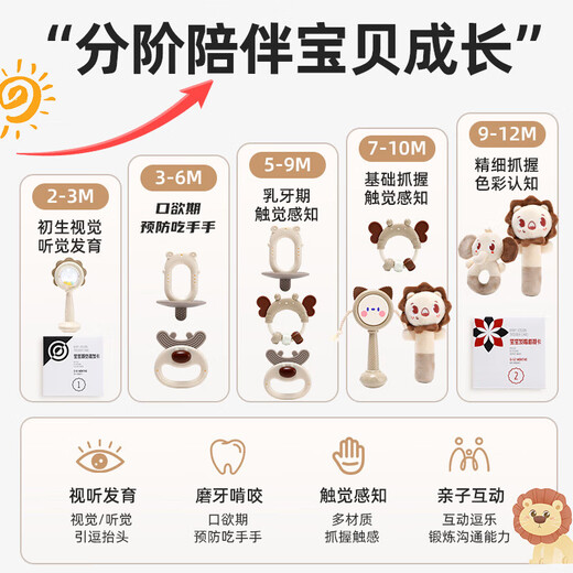 Mengshi baby toys newborn meeting gift box 0-6 months baby comfort rattle 1 year old 100 days full moon birthday gift rattle set of 10 pieces gift box + visual stimulation card