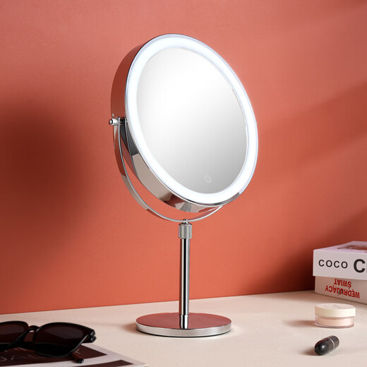 DYQT Liftable LED Makeup Mirror Double-sided Makeup Mirror with Light Desktop Mirror Desktop Light Beauty Mirror Adjustable Brightness 7-inch Straight Rod Flat + 5x Magnification Rechargeable Three-tone Lighting