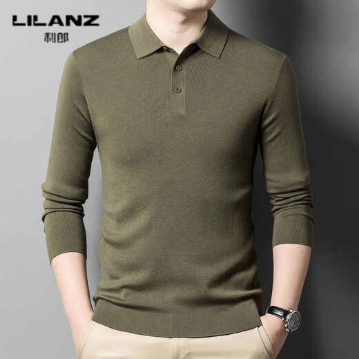 Lilang L machine washable men's worsted woolen sweater lapel 60 count autumn and winter thickened T-shirt ultra-fine high-end POO collar wool gray green thickened 4XL (190)