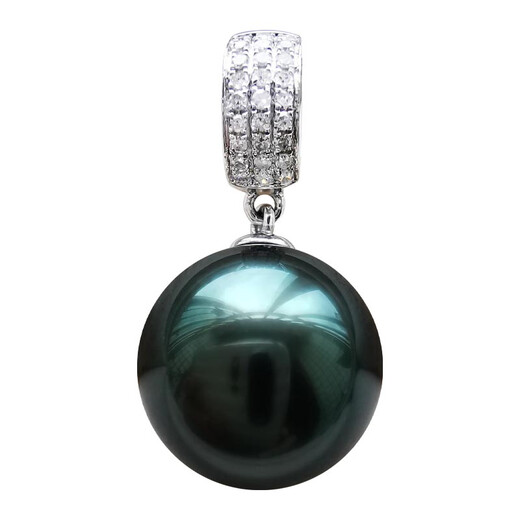 Mohs Tahitian black pearls and malachite green pendant, seawater pearls, necklace, 18K gold diamond, perfect round, flawless and bright style, malachite green 13-14mm