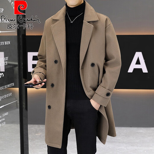 Pierre Cardin Spring and Autumn Windbreaker Men's Mid-Length Trendy Loose Casual Double-breasted Suit Collar British Style Woolen Coat Jacket Coffee Selected Woolen Fabric 2XL 135-150Jin Jin is equal to about 0.5 kg