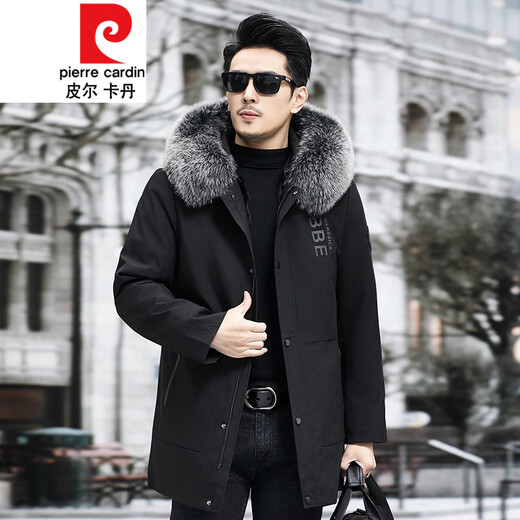 Pierre Cardin Parker Men's 2025 New Fox Fur Liner Mid-Length Fur Jacket Black Shell + Black Mink Fur Liner Cream Black Fur Collar <Genuine Leather> M 90Jin Jin equals 0.5kg --110Jin Jin equals 0.5kg