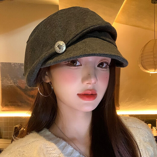 Shen Shi Yi Japanese retro pleated beret women's 2025 new versatile Baotou hat big head circumference showing face little painter hat trendy love button beret dark gray one size