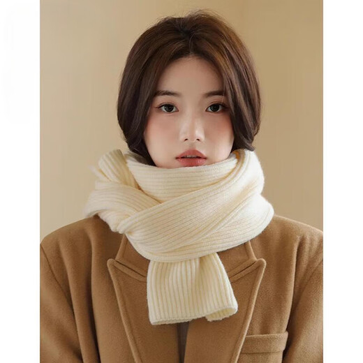 MUJE unprinted Korean version autumn and winter soft knitted wool scarf for men and women, versatile and warm, solid color gift trend for students, off-white