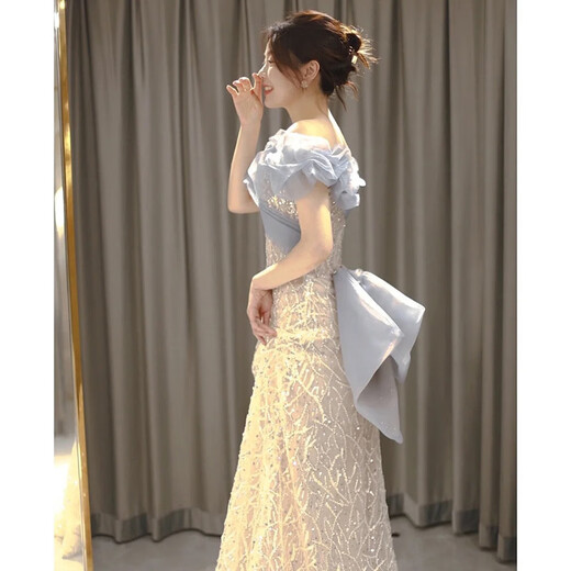 Misid New Year's Eve New Year's Eve party dress for women, new sequined fishtail skirt, French high-end one-shoulder slim dress, fishtail skirt, XS, one size fits all