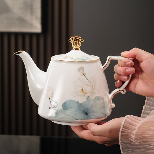Yanze bone china rotatable water set tea set teapot teacup set opening housewarming gift light luxury high-end gift box bone china ink leaf white lotus set-wooden gift box