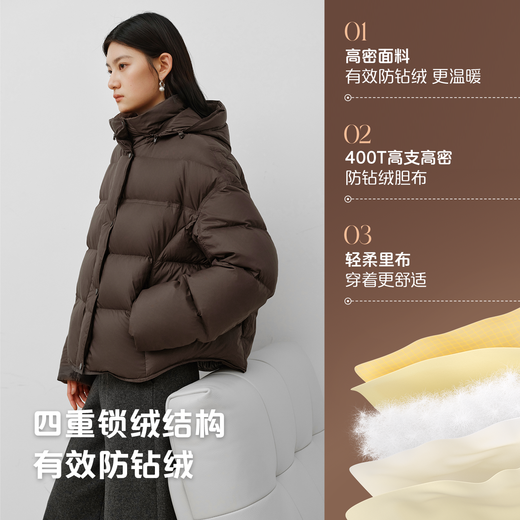 Ai Lai Down Jacket Women's Light Warm Bread Jacket Puff Short Removable Hooded Goose Down Jacket Chocolate M