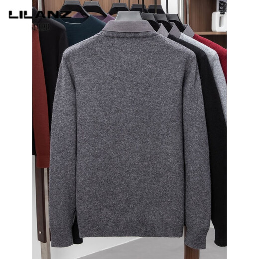 Lilan men's shirt collar fake two-piece woolen sweater round neck thickened casual top new middle-aged business sweater fake black thickened M (165)