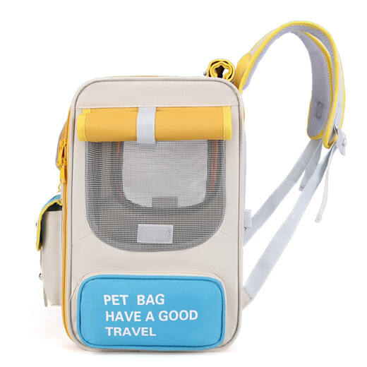 新款双肩猫包外出包便携大号款宠物包太空舱宠物狗双肩包宠物用品 1004-米白蓝