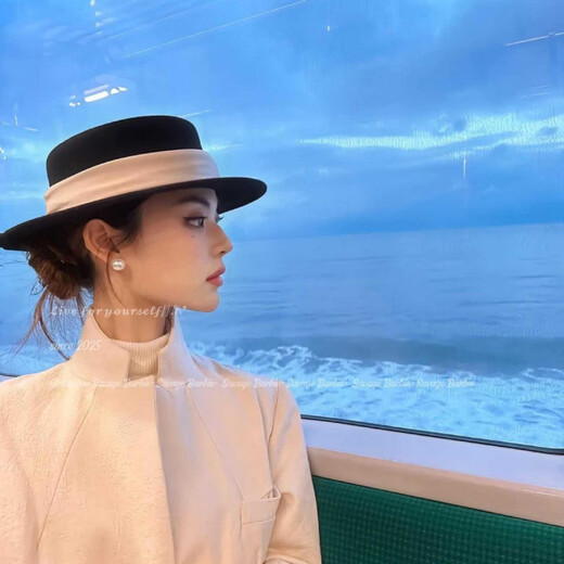 French retro woolen flat-top women's hat for all seasons, high-quality British style top hat for gentlemen, small big-brimmed hat with a small face, MM1027 black + ML111, one size fits all