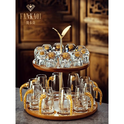 Vankage gold foil white wine glass set, high-end light luxury crystal one-cup wine divider, high-end cup holder gift box (gold leaf cup holder) diamond Jinshan cup X6 + Jinshan helicopter kettle X6