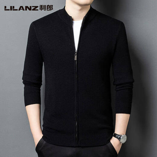 LILANG new autumn and winter woolen sweater jacket solid color knitted cardigan pure wool thickened warm woolen sweater men's black S 165