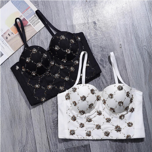 Lu Qiuguo Hot Girl Suspender Back Buckle Slim Bra Women's Outerwear Nightclub Shiny Beaded Underwear Stage Wear Black XS 34B/