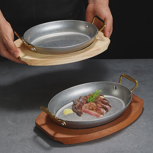 Fantasy Western-style food serving plate double-ear oval flat plate tray stainless steel seafood plate high-end steak retro double-ear dan-shaped gold flower plate 20.5cm