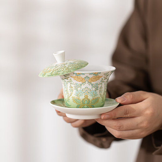 SUSHI CERAMICS Suet-fat Jade Hovering Horseshoe Three-Cai Covered Bowl Simple European Damascus Pattern Gift Box Souvenir Holiday Gift J1067