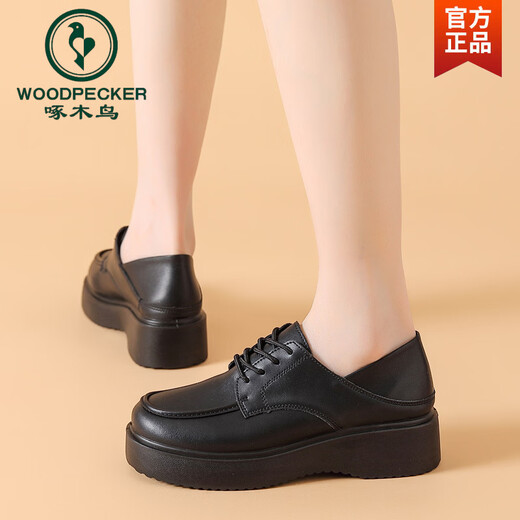 Woodpecker Thick-soled British Small Leather Shoes for Women Spring and Autumn New Versatile Loafers Platform Poop-feeling Genuine Leather Soft-soled Black Leather Shoes Black 35
