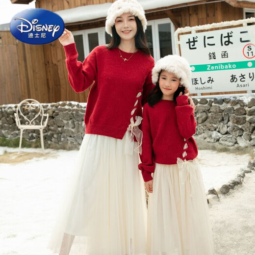 Disney (Disney) New Autumn and Winter French Sweet Parent-child Outfit Sweater Family of Four Chinese New Year Jacket Internet Celebrity Street Mother Red (Twist) 100 Children 100 (25-30Jin Jin is equal to 0.5 kg)