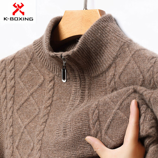 KBXNG Jinba business men's cardigan men's autumn style middle-aged fashion half turtleneck zipper jacquard knitted business camel 3XL 185/56
