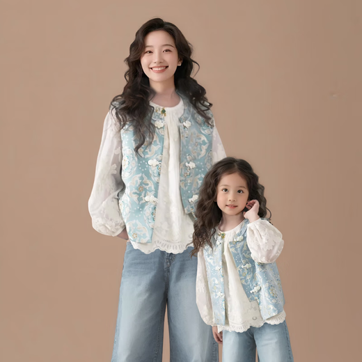 QINZHI Hanfu parent-child clothing mother and daughter autumn and winter new Chinese style parent-child clothing Chinese style buckle vest autumn clothing 2025 new retro mother-in-law floral blue vest 120 girls height about 110cm
