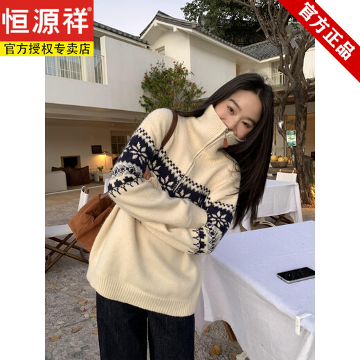 Hengyuanxiang retro half-zip turtleneck sweater for women Fair Isle jacquard loose lazy pullover knitted top coffee jacquard ready stock S