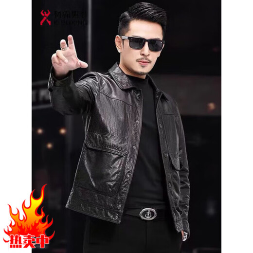 KBXNG Jinba leather jacket men's short oil wax first layer sheepskin new lapel spring and autumn wallet men's jacket black-single style black-single style M 170/-recommended 90-120Jin Jin is equal to 0.5 kg
