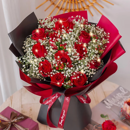 Baihuaguan Flowers Red Roses Gypsophila Real Bouquet Birthday Gift for Girlfriend Confession to Wife City Delivery Within Hours I Love You Like One 11 Red Roses + Gypsophila + Red Beans | T75
