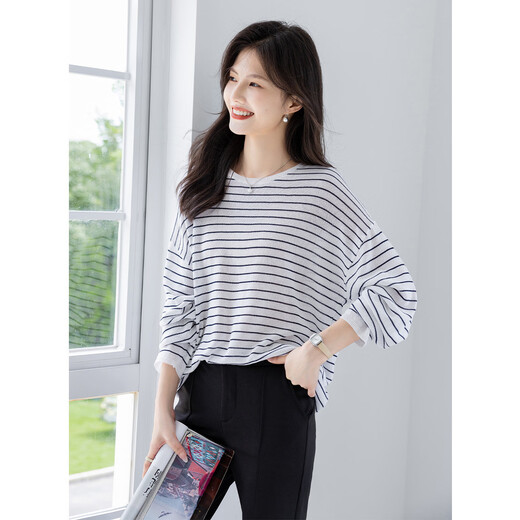 Ives (ITISF4) chic lazy style long-sleeved T-shirt Korean striped loose slim casual top white one size
