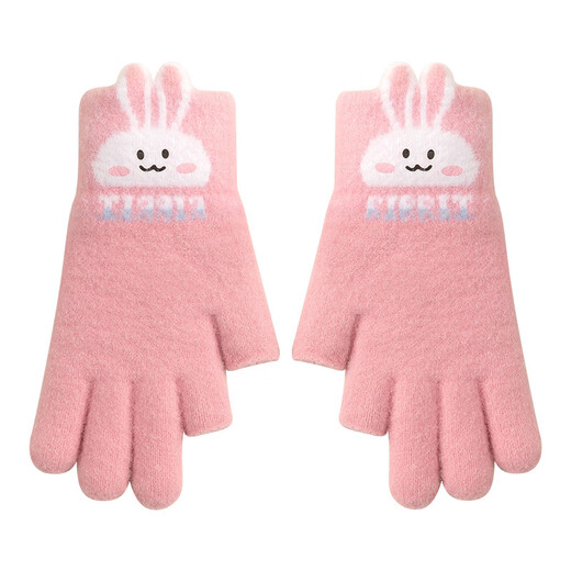 Wooden house children's gloves 12-15 years old winter girls primary school students writing leakage two fingers thickened warm knitted five-finger anti-cold A197 12-15 years old light pink choose according to the option to mark the age