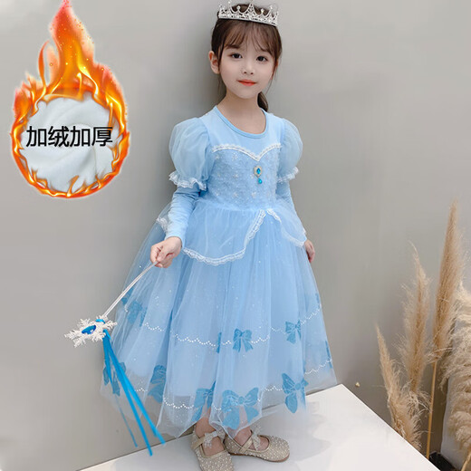 Spring and Autumn New Elsa Princess Dress Girls Dress Bow Printed Gauze Skirt Children's Puff Skirt Winter Plush Velvet Princess Skirt Single Skirt 120 cm