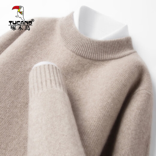 Woodpecker pure wool sweater men's 2025 winter new thickened high-end half turtleneck thickened warm knitted sweater bright rice camel S