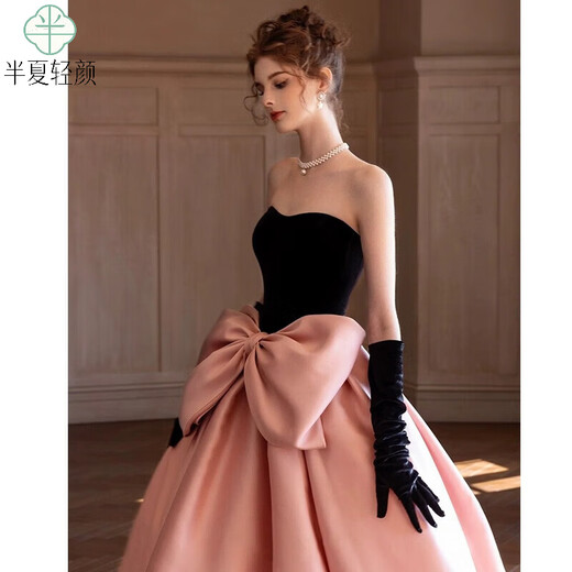 Xiaohongshu’s popular tube top evening dress, high-end light luxury niche French banquet host engagement toast dress princess burgundy tail (comes with gloves + bustle) L