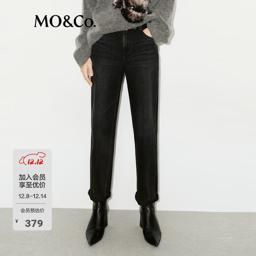 MO&Co. jeans tailored mid-high waist nine-point small straight tapered washed black hand-rubbed Nekosuma Anko denim black L 28