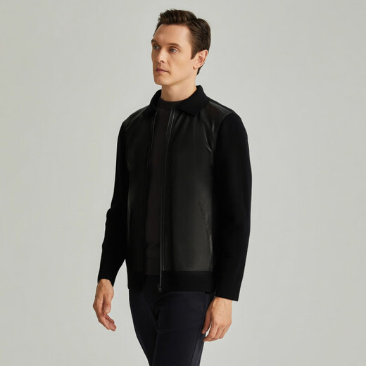 SATCHI Sheep Leather Lapel Zipper Solid Color Business Casual Comfortable Warm Leather Jacket Men's Black Black One Size 48