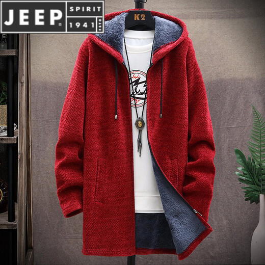 JEEP SPIRIT秋冬季毛衣夹克男士中长版大衣潮流连帽风衣加绒保暖拉炼 炼 8819深灰色【加 绒】中长版 M