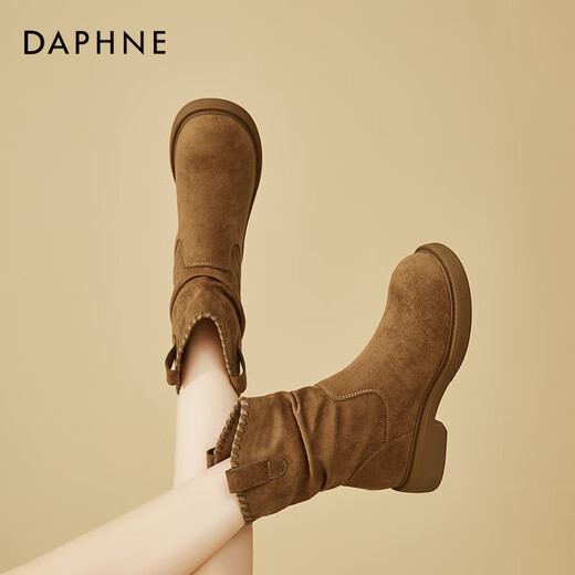 DAPHNE Daphne Retro Velvet Warm Short Boots Women's New Winter Western Cowboy Boots Slim Women's Boots Winter Caramel Color Velvet Heel Height 4cm 35 (225mm) Standard Size