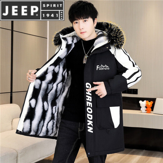 JEEP SPIRIT冬季派克服男士冲锋衣加绒加厚夹克男冬装棉服中长款风衣保暖外套 黑色【加 绒加 厚】 M 【80-100斤】