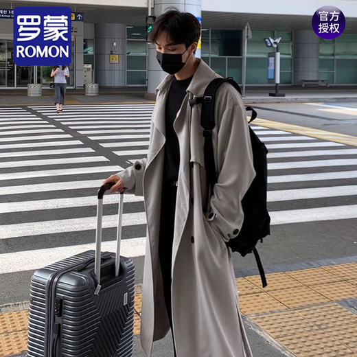 ROMON Korean windbreaker men's mid-length knee-length Korean style loose double-breasted coat autumn and winter thickened trendy coat black M