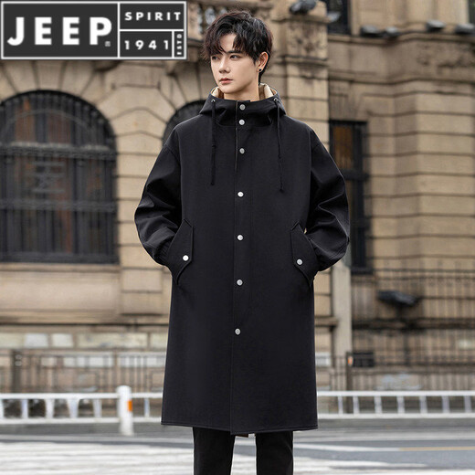 JEEP SPIRIT风衣外套男冬秋长款男士大衣冬季加厚派克服英伦风休闲服男款 黑色 M 【100-120斤】