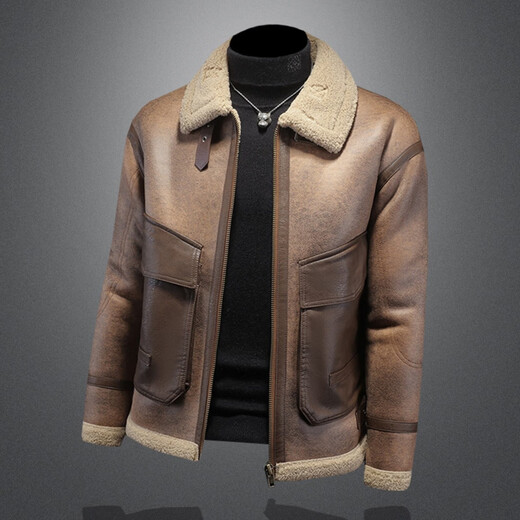 GENIUS international first-line brand men's short slim-fit leather jacket plus velvet and thickened lamb wool winter coat brown leather brown M 90-115Jin Jin is equal to 0.5 kg