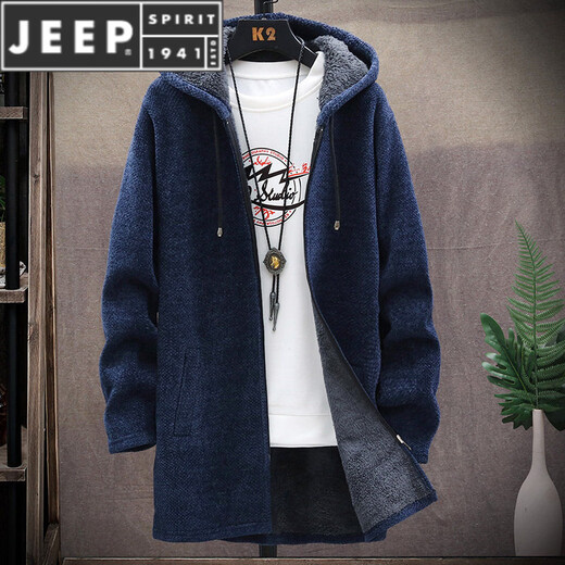 JEEP SPIRIT秋冬季毛衣夹克男士中长版大衣潮流连帽风衣加绒保暖拉炼 炼 8819深灰色【加 绒】中长版 M