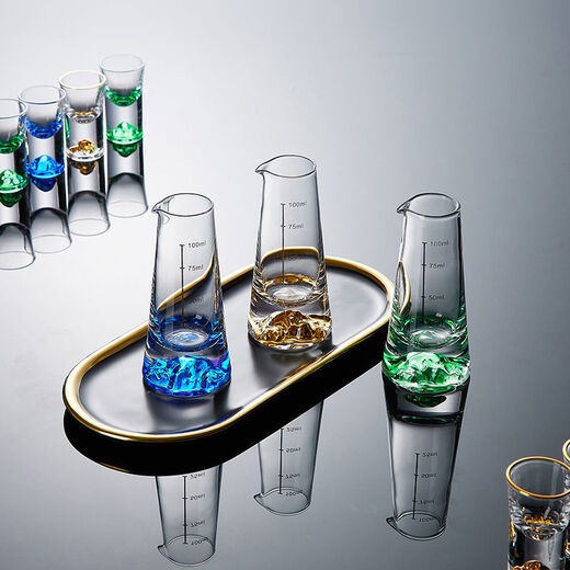 Jinshan liquor dispenser set household small wine measuring device glass small wine cup decanter with scale pouring jug Ice Blue Mountain liquor cup 6 pots 6 cups + Tuanyuan round cup holder
