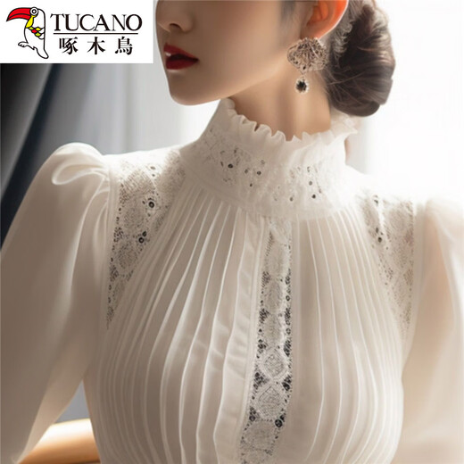 Woodpecker 2025 this year's popular white shirt autumn and winter new style beautiful stand-up collar velvet bottoming shirt top White 1 All sleeves are velvet and very warm M 91-105Jin Jin is equal to 0.5 kg