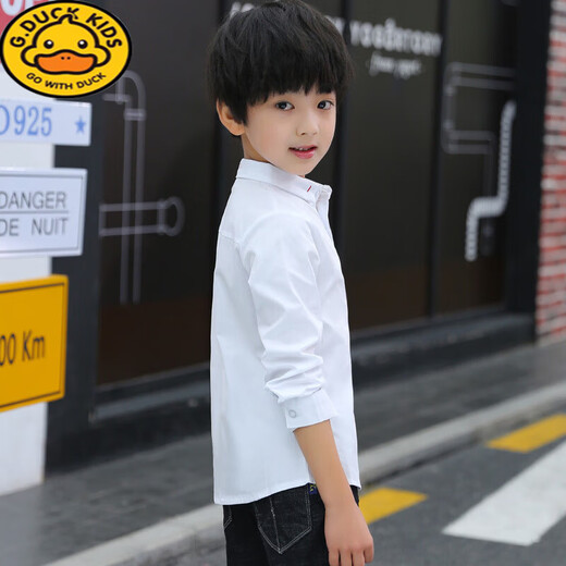 G.duck3-16 years old children's white shirt male spring and autumn middle and older children cotton school uniform primary school student white shirt thin boy long sleeve white kitten style 170 cm